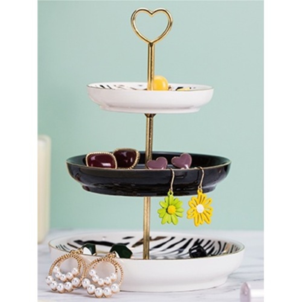 Joyvio Ceramic 3 Tiered Jewelry Dish Tray Zebra Print Dream Gold Heart Handle
